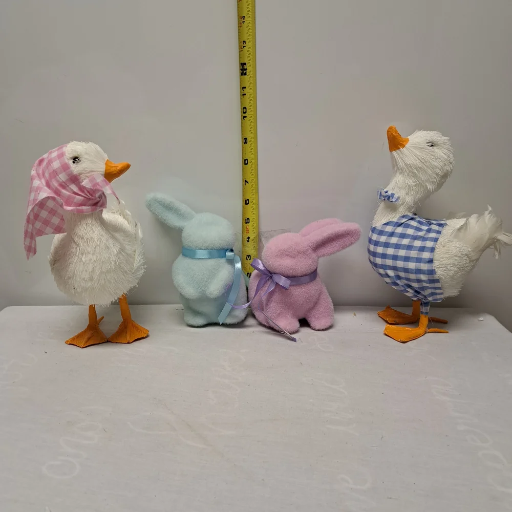 Plush Easter Duck and Bunny Decor Set - White Ducks with Blue & Pink Accents